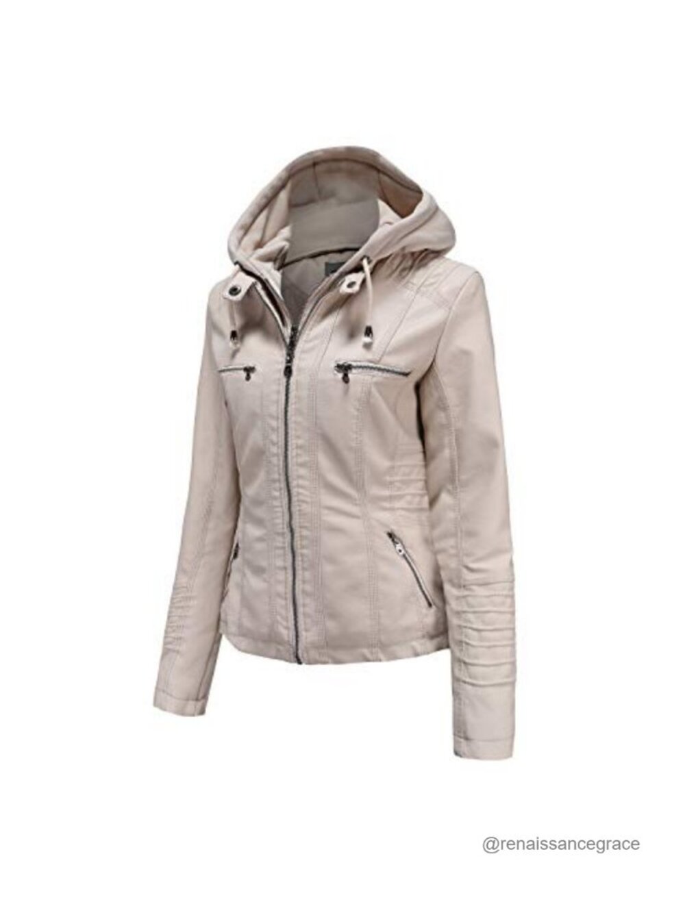 Faux Leather Moto Jacket Removable Hood Zipper Pockets Motorcycle